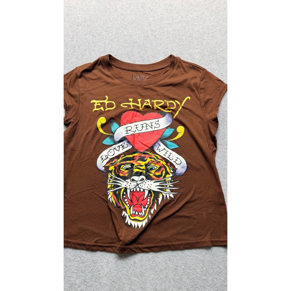 Ed Hardy Love Runs Wild Tiger Graphic Tee Brown Short Sleeve Shirt EHWB1107-8 L
